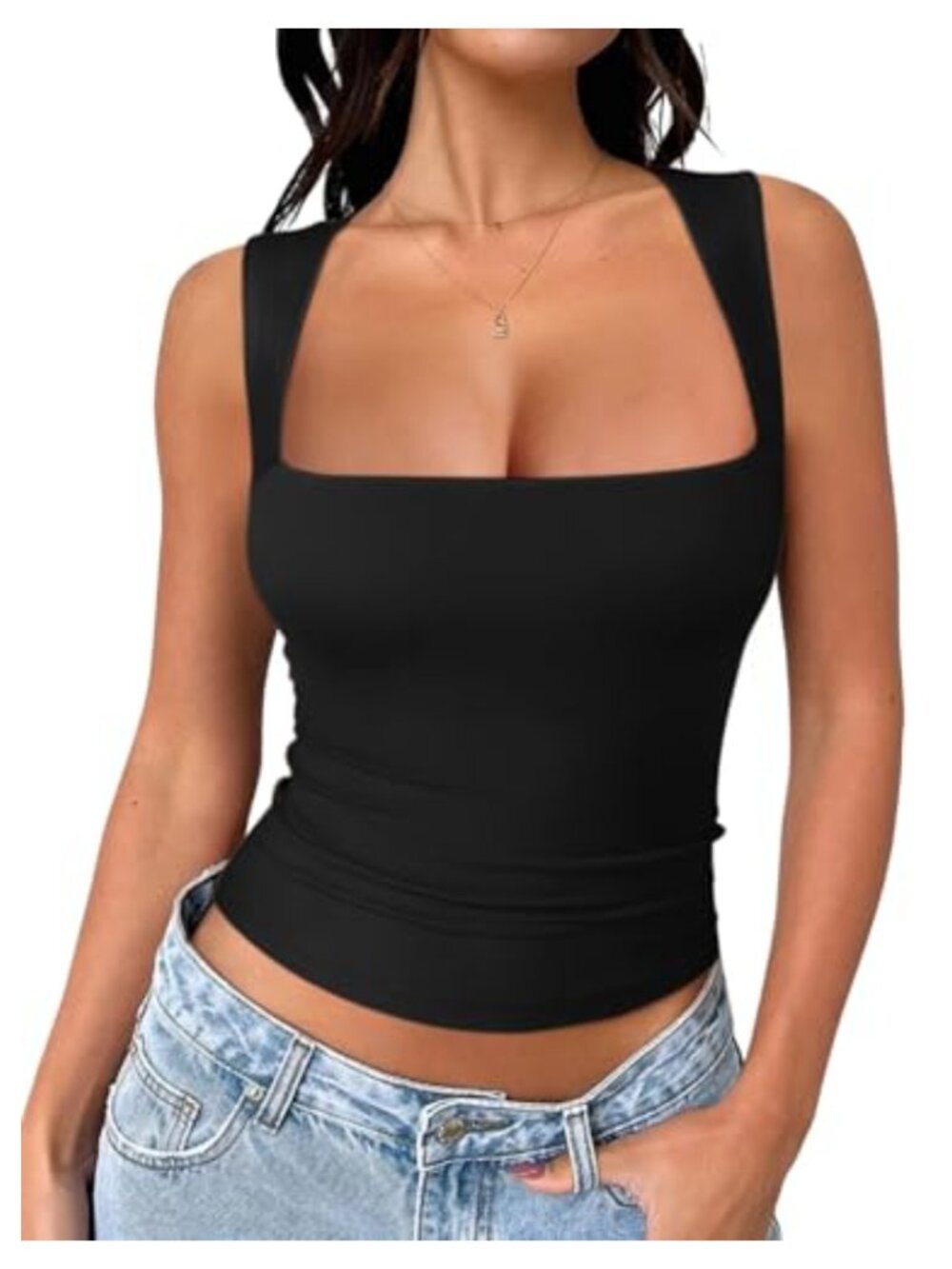 Women's Square Neck Double Lined Crop Tank Top Slim Fit Sleeveless Going Out